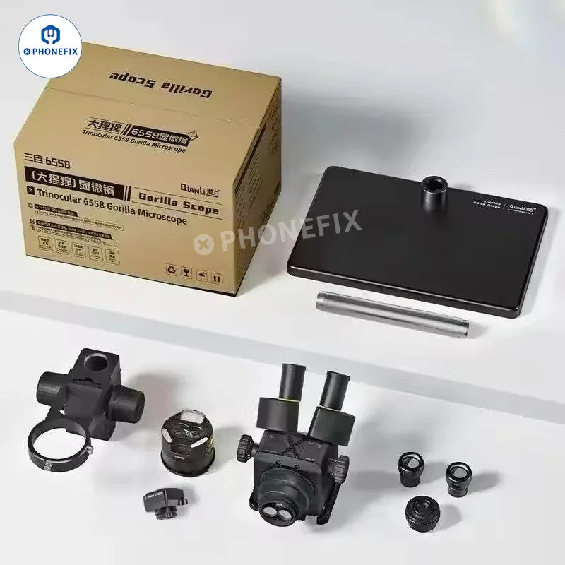 QianLi 6.5X-58X Gorilla Trinocular Electric Microscope by PHONEFIX with thermal imaging feature and adjustable magnification.
