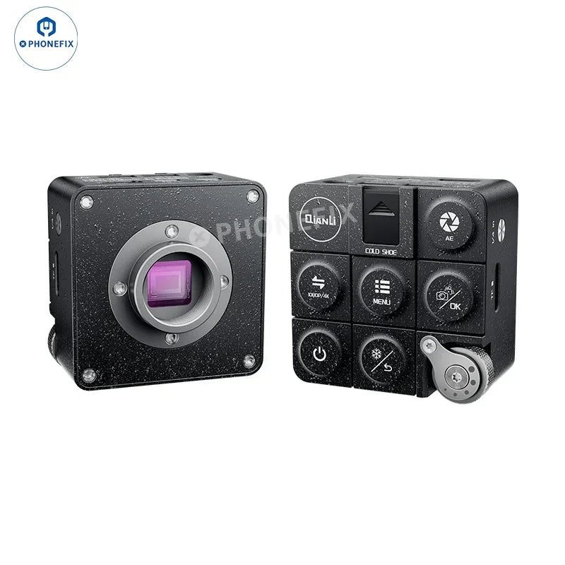 Qianli Super Cam Ai Gorilla 4K microscope camera with 0.5X and 0.7X auxiliary Barlow lens, mounted on a microscope.
