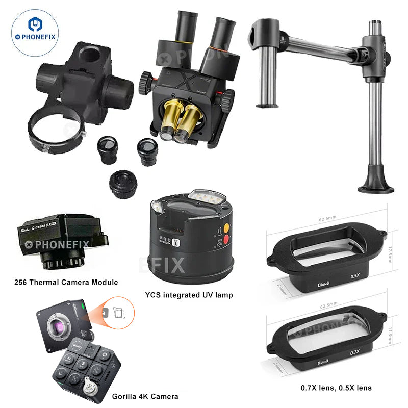 QianLi 6.5X-58X Gorilla Trinocular Microscope with camera set, electric microscope by PHONEFIX, for detailed magnified viewing.