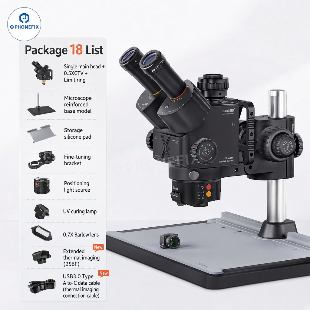 QianLi 6.5X-58X Gorilla Trinocular Electric Microscope by PHONEFIX with multiple accessories in packaging.
