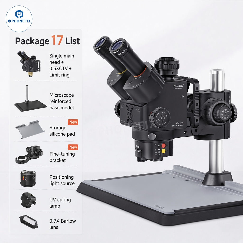 QianLi 6.5X-58X Gorilla Trinocular Microscope by PHONEFIX with multiple accessories in a packaging set.