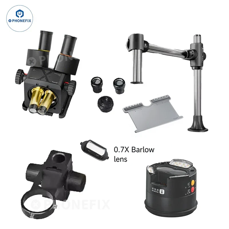 QianLi 6.5X-58X Gorilla Trinocular Microscope by PHONEFIX showing the electric microscope with adjustable zoom and trinocular head.