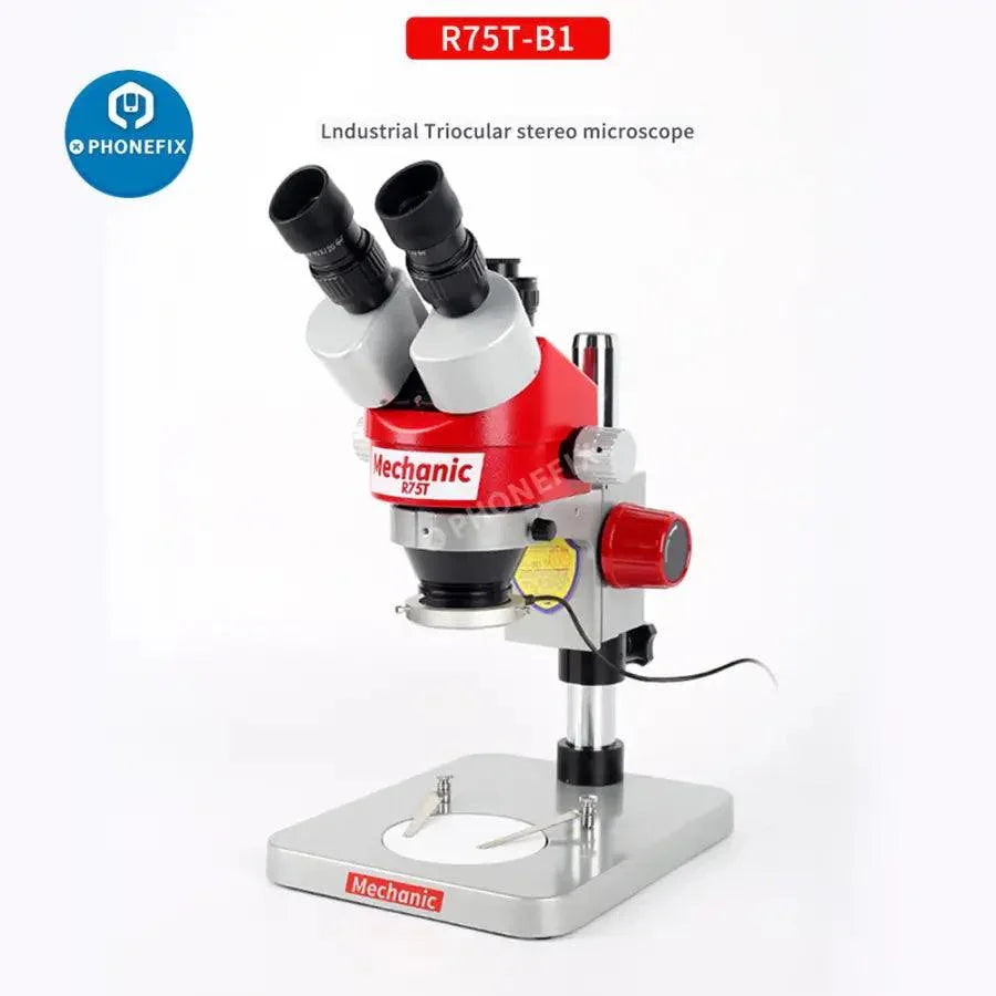 PhoneFix Mechanic R75T-B1 trinocular stereo microscope with 0.5x lens and LED light, used for detailed electronic inspections.