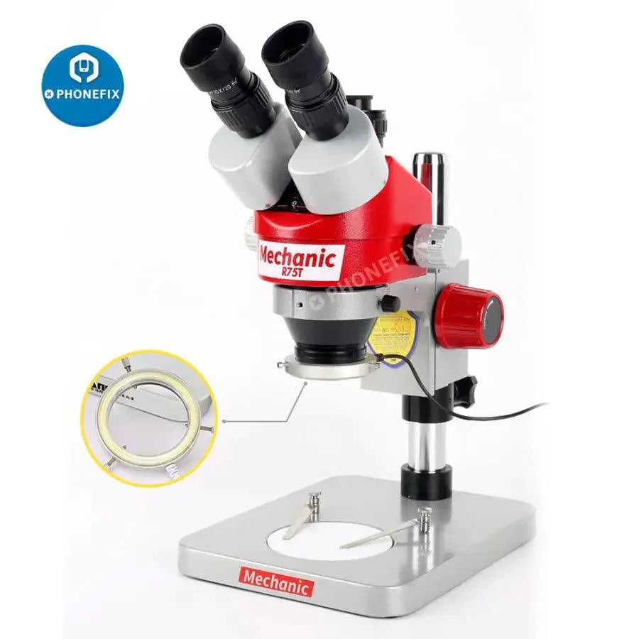 Mechanic R75T-B1 trinocular stereo microscope with 0.5x lens and LED light, used for detailed electronic or mechanical inspection.