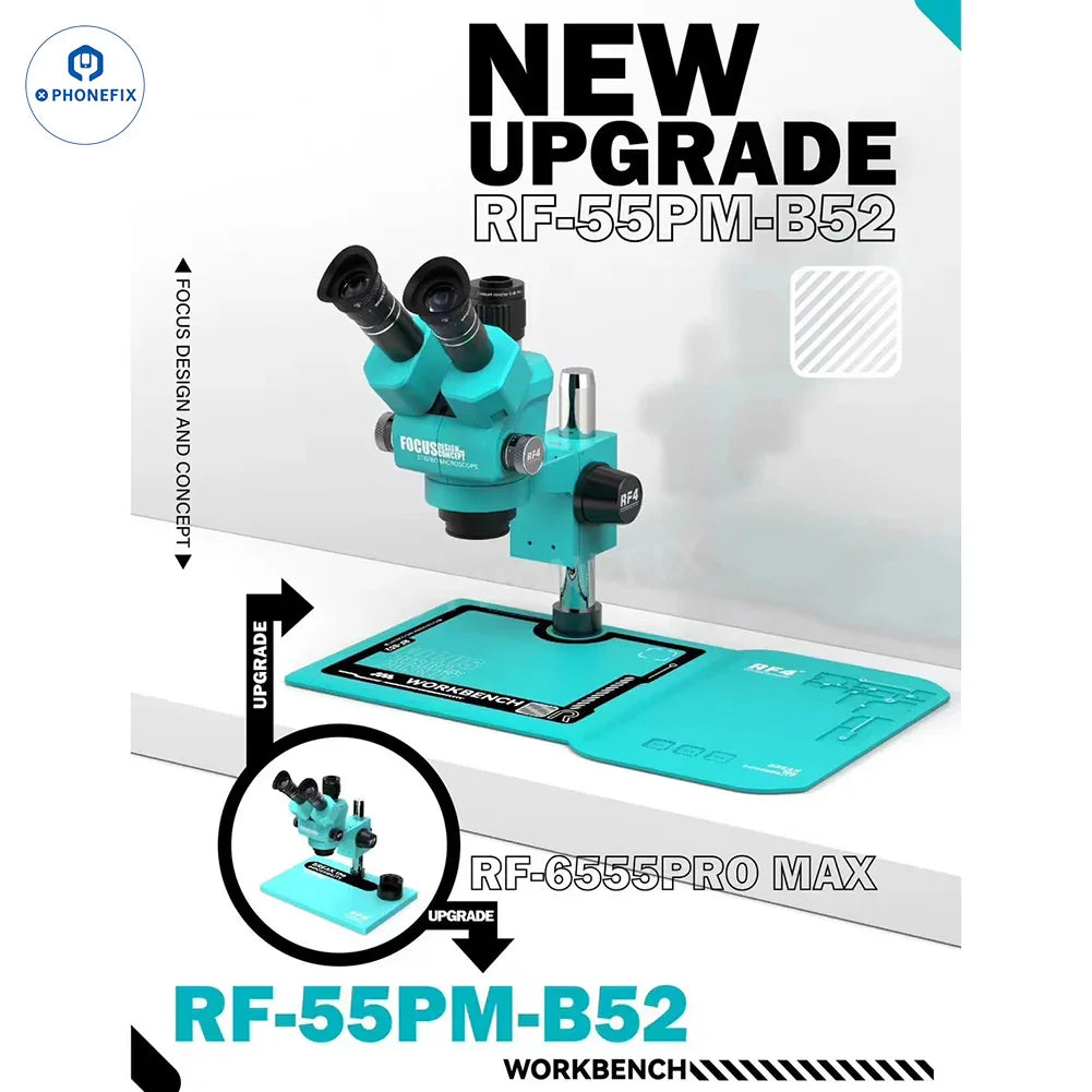 RF4 6.5-55X trinocular stereo microscope with RF-B52 silicone pad, electric microscope by PHONEFIX, detailed close-up image.
