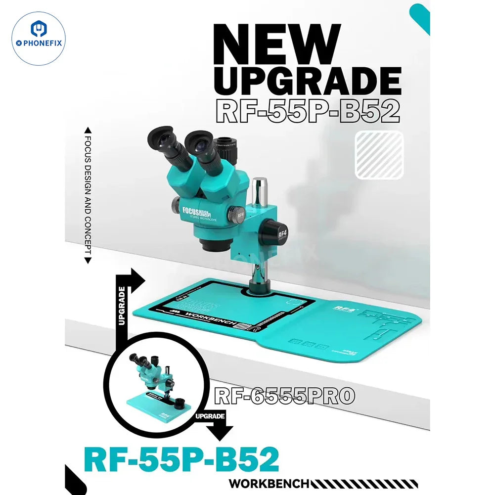 RF4 6.5-55X Trinocular Stereo Microscope with RF-B52 silicone pad by PHONEFIX, showing the microscope’s eyepieces and adjustable focus