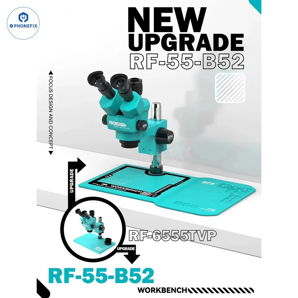 PHONEFIX RF4 6.5-55X Trinocular Stereo Microscope with RF-B52 silicone pad, featuring adjustable eyepieces and a sturdy base.