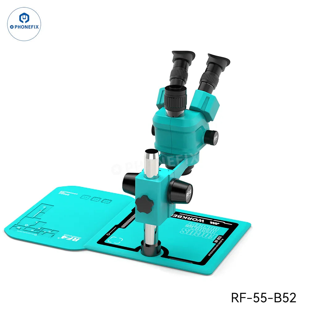 RF4 6.5-55X trinocular stereo microscope with RF-B52 silicone pad, electric microscope for detailed magnified viewing.