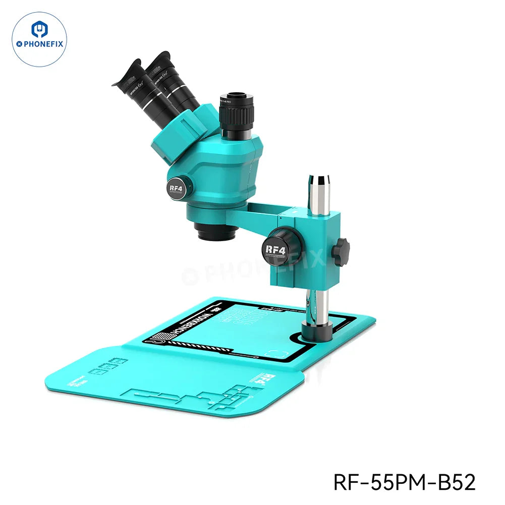 RF4 6.5-55X trinocular stereo microscope with RF-B52 silicone pad, electric microscope for detailed viewing and imaging.