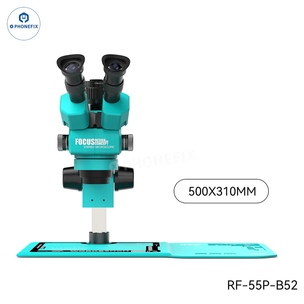 RF4 6.5-55X trinocular stereo microscope with RF-B52 silicone pad, electric microscope for detailed viewing and imaging.