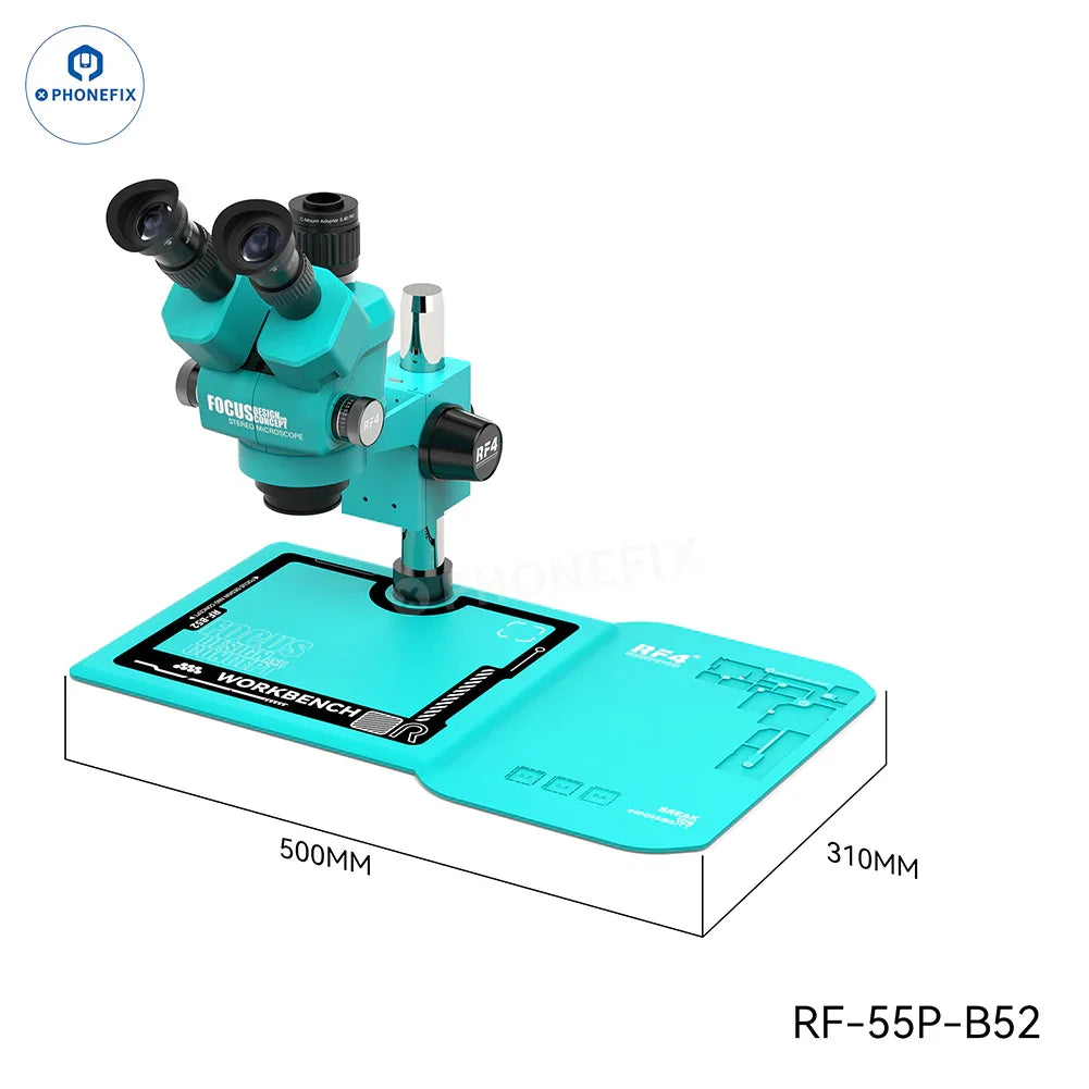 PhoneFix RF4 6.5-55X trinocular stereo microscope with RF-B52 silicone pad for detailed magnification and ergonomic viewing.