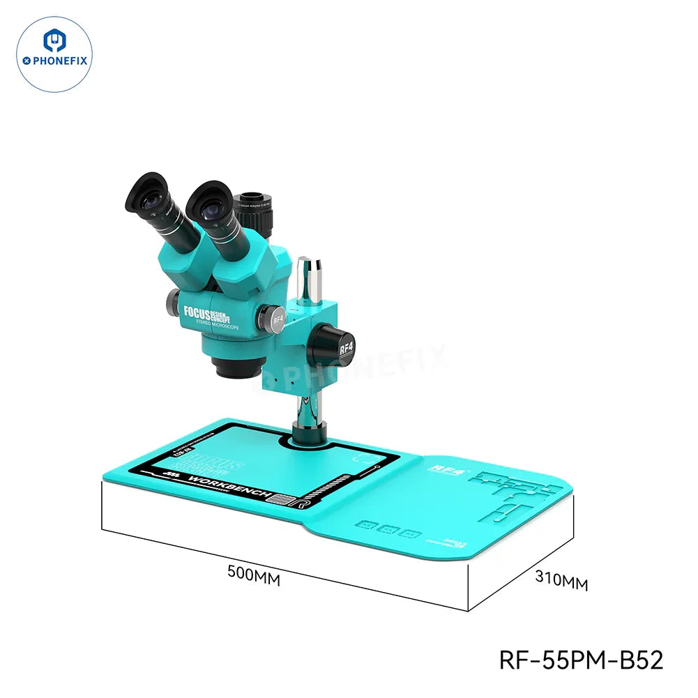 RF4 6.5-55X trinocular stereo microscope with RF-B52 silicone pad, designed for detailed electronic inspection.