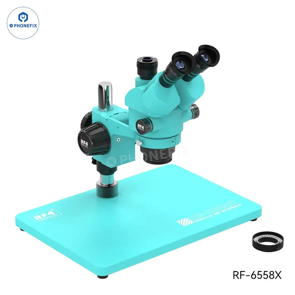 Microscopio trinocular síncrono eléctrico PHONEFIX RF4 RF-6558X RF-6558PRO de 6.5-58 aumentos con ocular y enfoque ajustables.