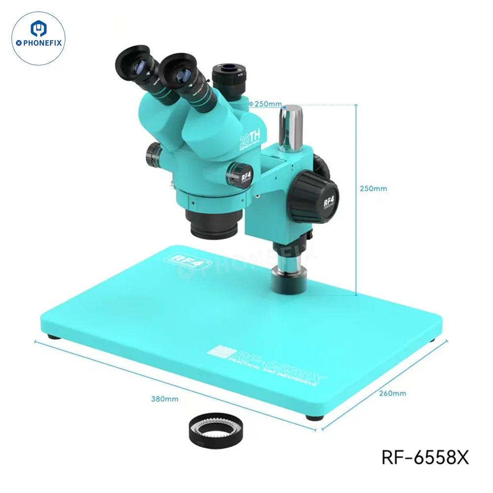 Microscopio trinocular síncrono PhoneFix RF4 RF-6558X RF-6558PRO de 6.5-58 aumentos con iluminación eléctrica y enfoque ajustable.