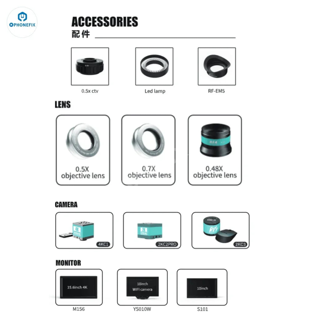 Microscopio eléctrico trinocular síncrono PhoneFix RF-6558X RF-6558PRO de 6.5-58 aumentos con oculares ajustables y sistema de iluminación integrado.
