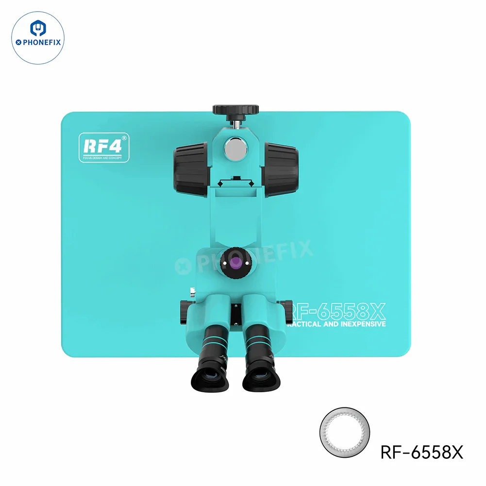 Microscopio trinocular síncrono eléctrico PHONEFIX RF4 RF-6558X RF-6558PRO de 6.5-58 aumentos con oculares ajustables y perillas de enfoque.