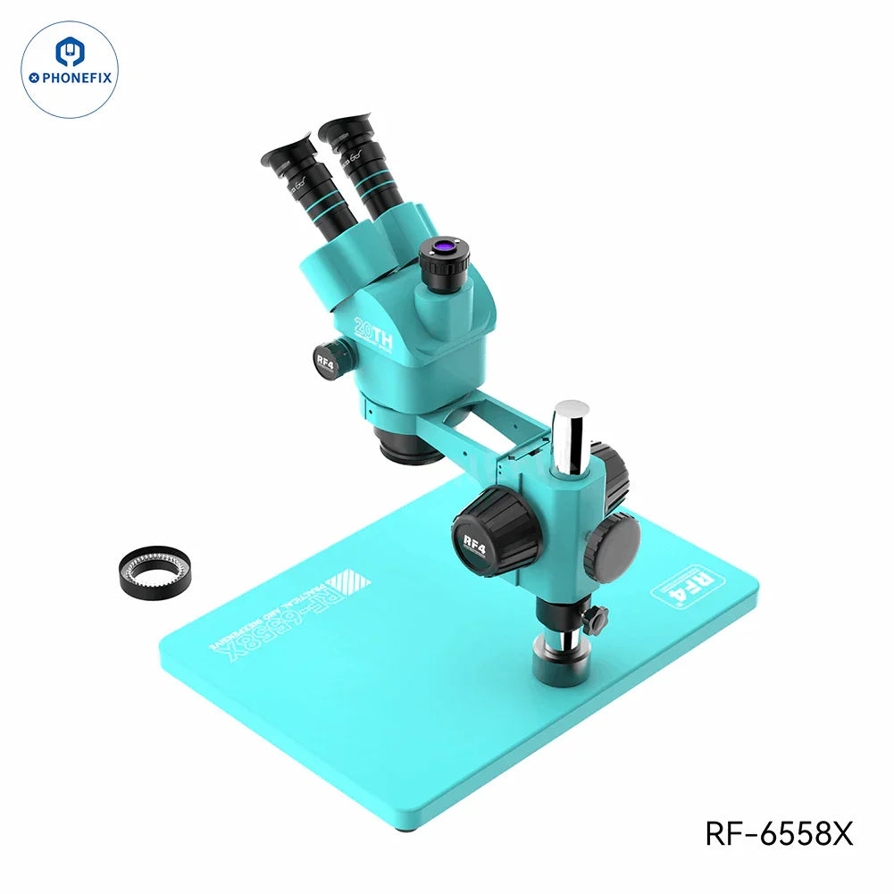 Microscopio trinocular síncrono eléctrico PHONEFIX RF4 RF-6558X RF-6558PRO de 6.5-58 aumentos con perillas ajustables y cabezal de visualización.