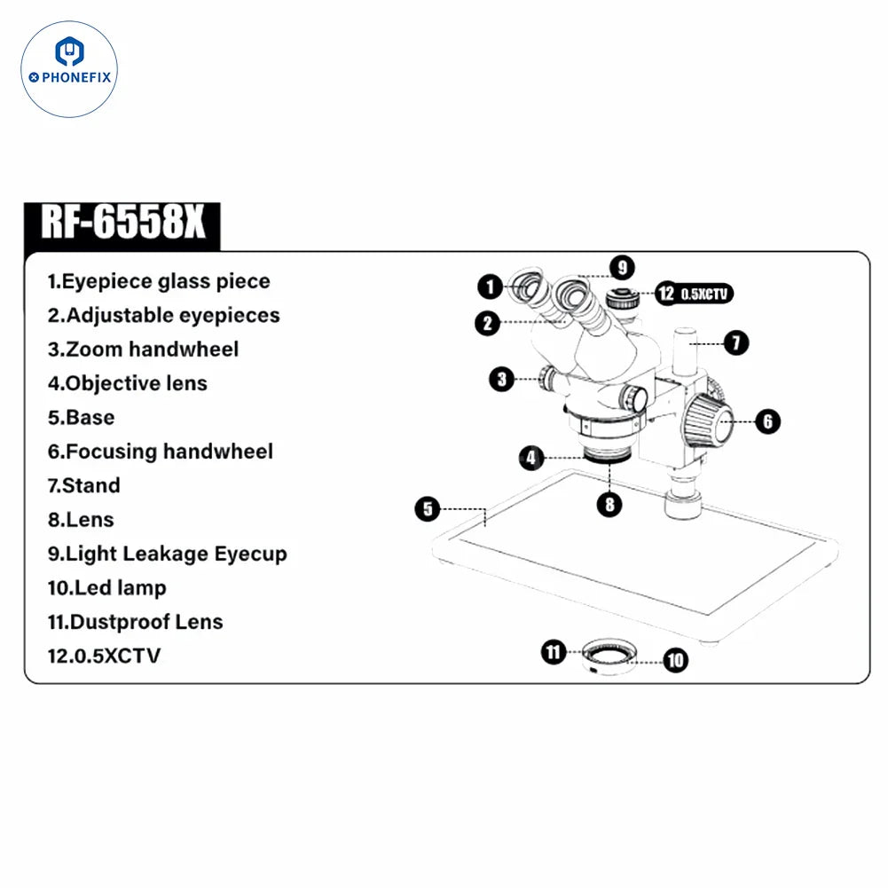 Microscopio trinocular síncrono eléctrico PHONEFIX RF4 RF-6558X RF-6558PRO de 6.5-58 aumentos con oculares ajustables y perillas de enfoque.