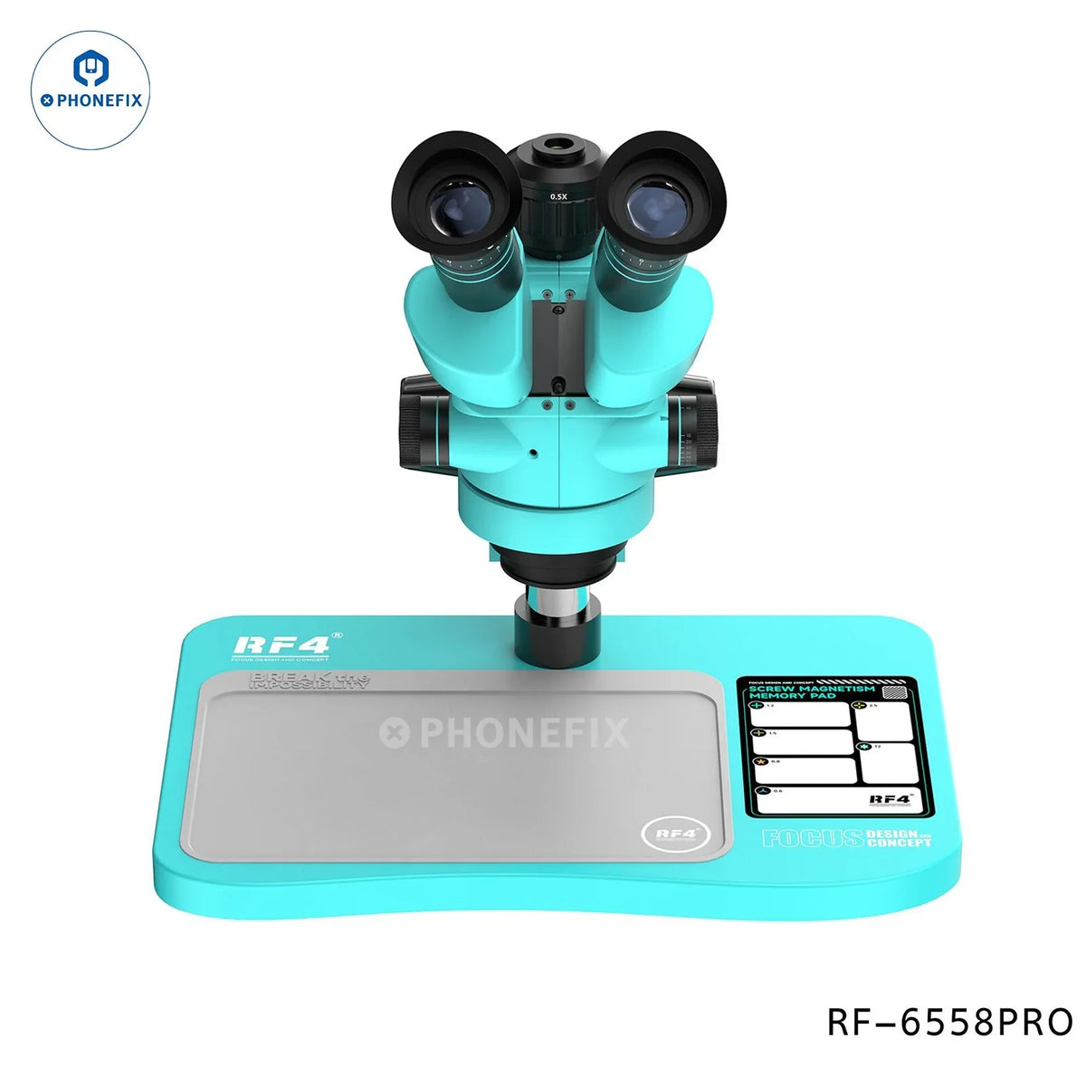 Microscopio eléctrico trinocular síncrono PHONEFIX RF-6558PRO de 6.5-58 aumentos con oculares ajustables e iluminación integrada.