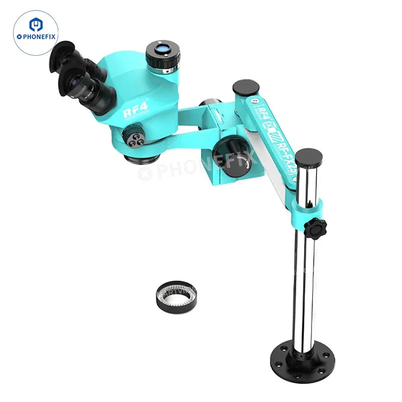 RF-FX23A RF-FX35A trinocular stereo microscope with swing fixed stand, featuring 7-50X magnification and electric illumination.