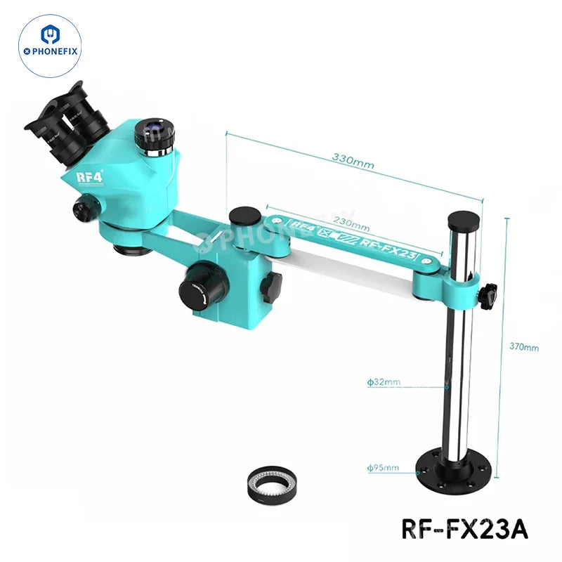 Phonefix RF-FX23A RF-FX35A 7-50X trinocular stereo microscope on swing fixed stand, showing adjustable eyepieces and focus knobs.