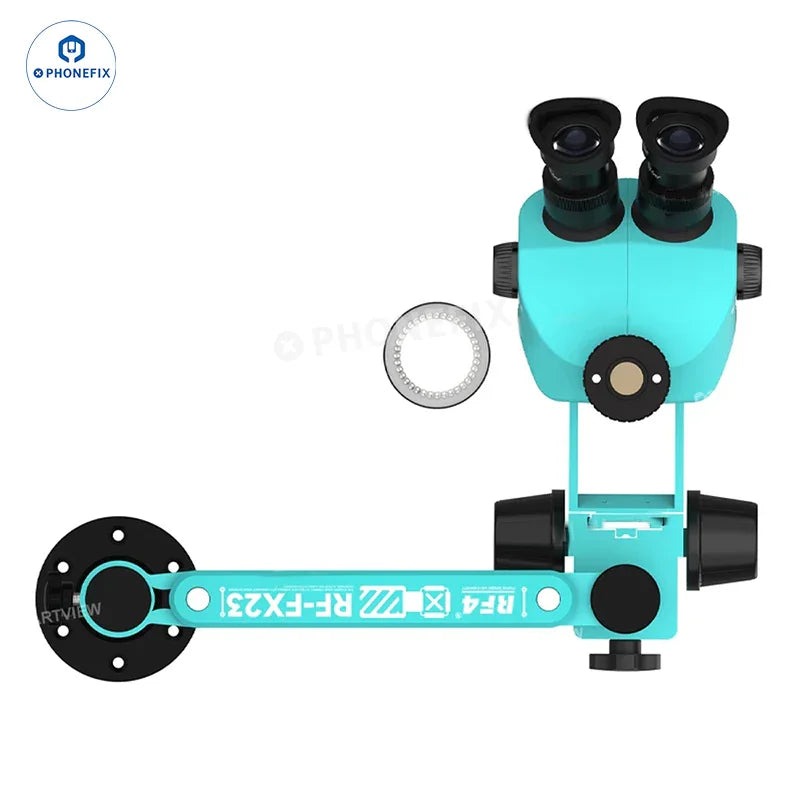 RF-FX23A RF-FX35A trinocular stereo microscope with swing fixed stand, electric design, detailed close-up of optical components.