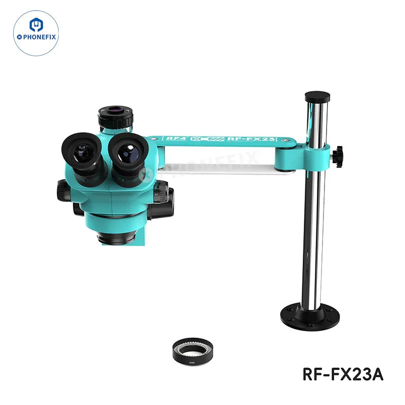RF-FX23A RF-FX35A trinocular stereo microscope with swing fixed stand, featuring adjustable zoom from 7x to 50x, by PHONEFIX.