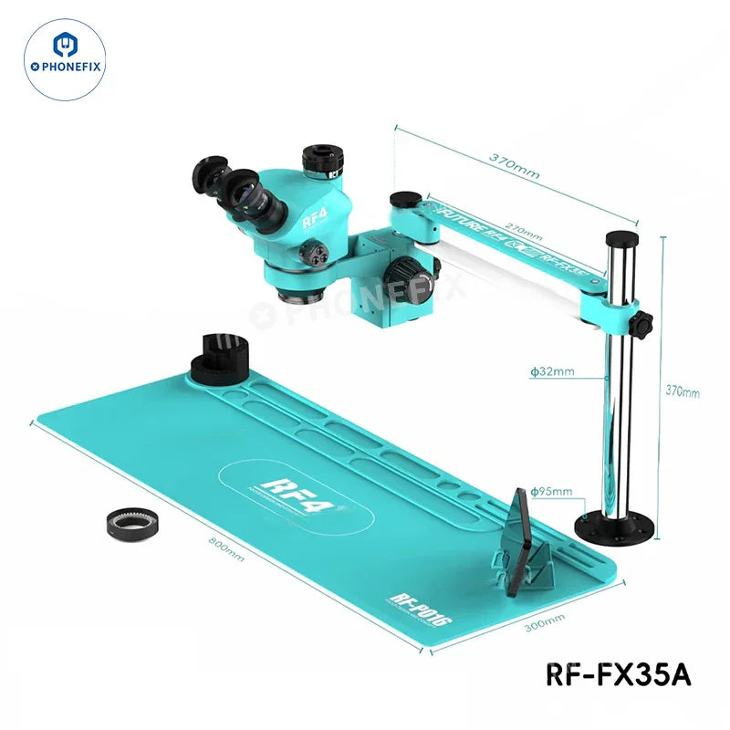 RF-FX35A 7-50X trinocular stereo microscope with swing fixed stand, electric microscope by PHONEFIX, shown in the image.