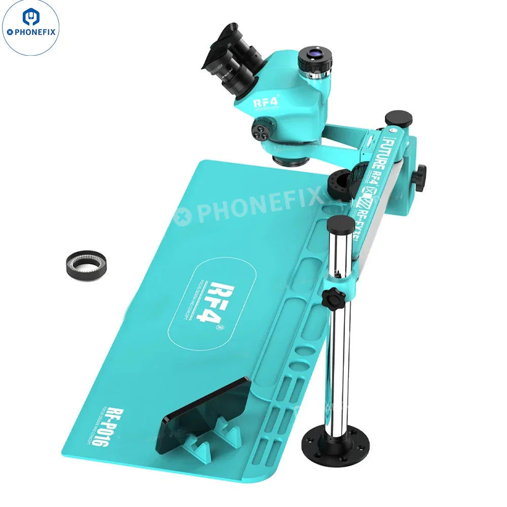 PhoneFix RF-FX35A 7-50X trinocular stereo microscope on swing fixed stand, electric microscope with adjustable magnification.