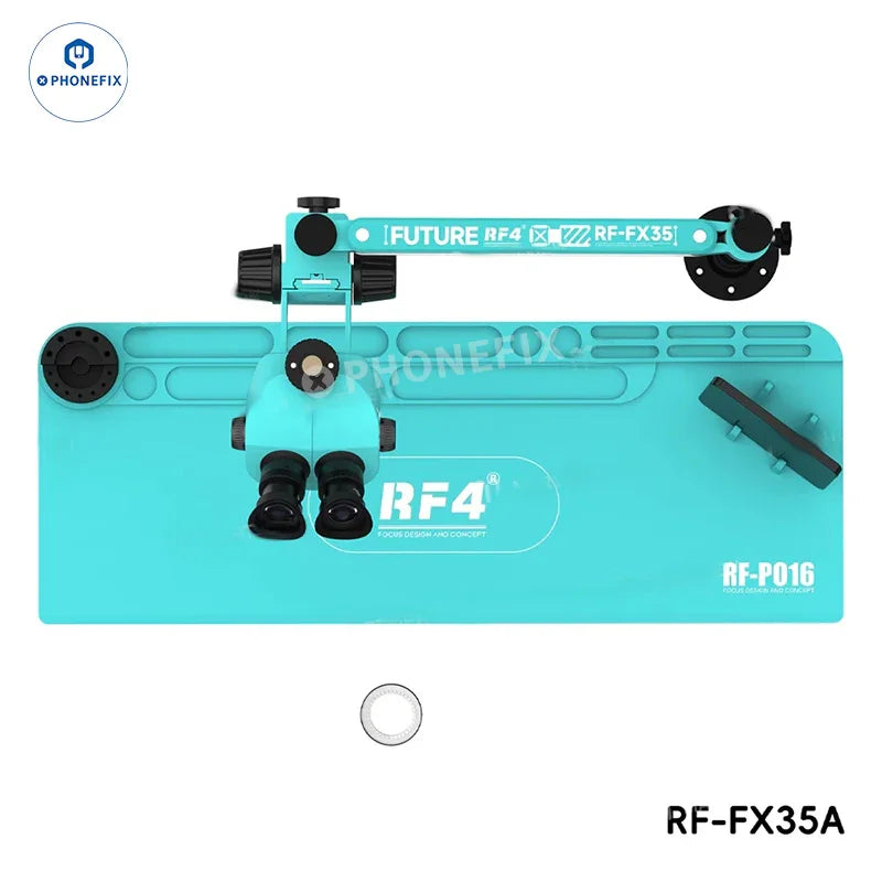 RF-FX23A RF-FX35A trinocular stereo microscope with swing arm fixed stand, featuring adjustable magnification and electric illumination.