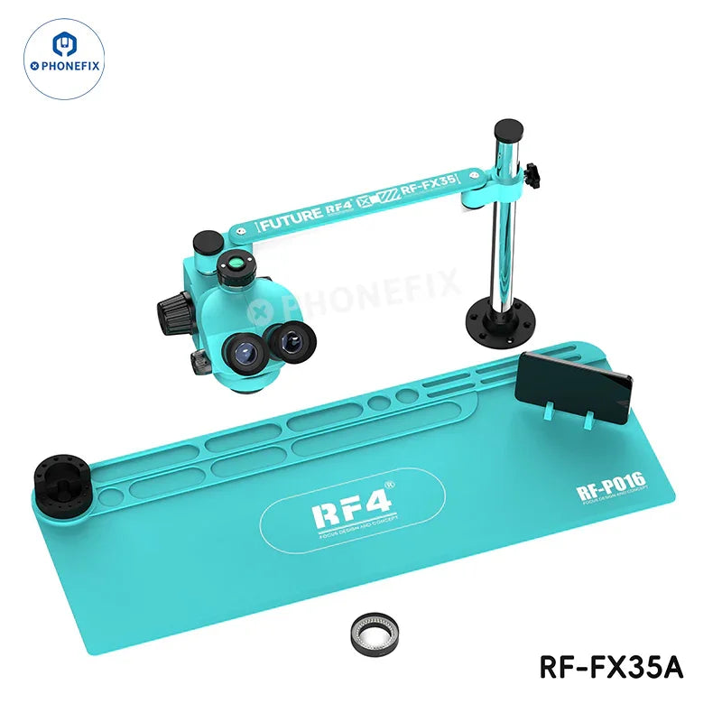 RF-FX23A RF-FX35A trinocular stereo microscope with swing fixed stand, featuring adjustable magnification and electric illumination.