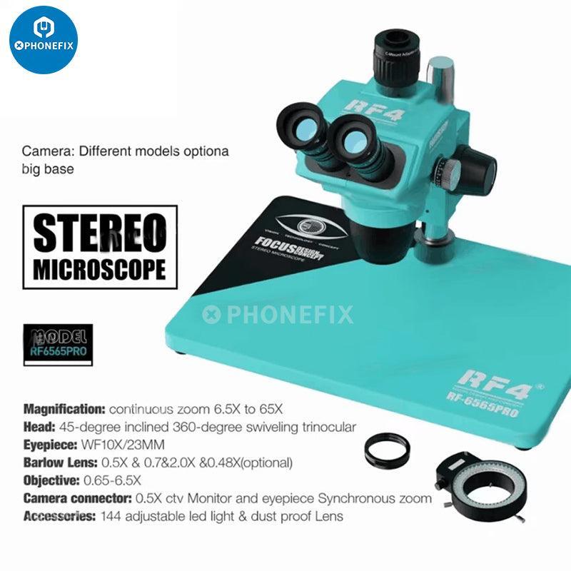 RF4 RF6565Pro 6.5-65X triocular synchronous zoom microscope by PHONEFIX, featuring an electric microscope with adjustable zoom.