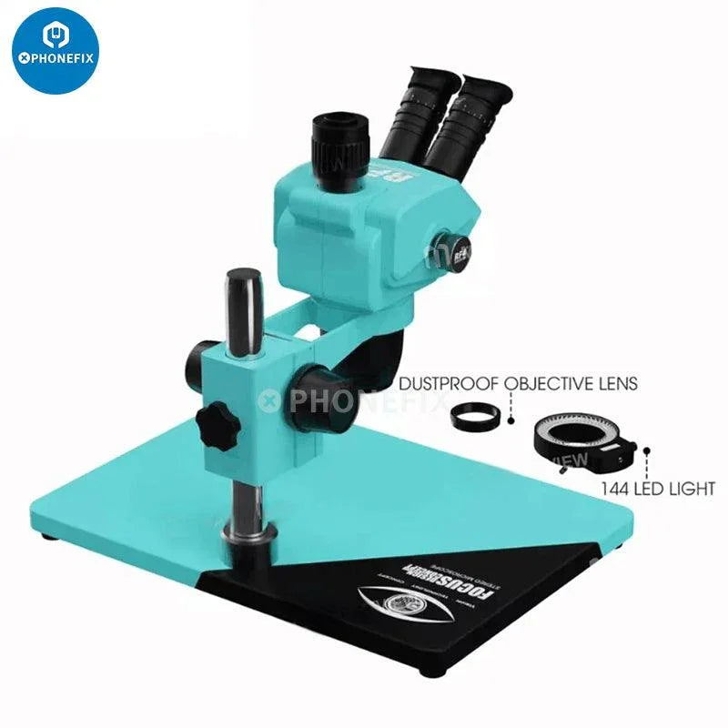 PHONEFIX RF4 RF6565Pro electric microscope with 6.5-65X triocular synchronous zoom, used for detailed microscopic examination.