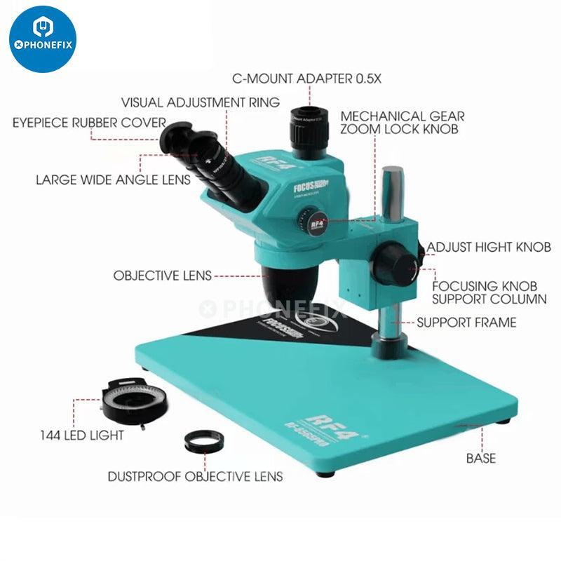 PHONEFIX RF4 RF6565Pro electric microscope with 6.5-65X triocular synchronous zoom, detailed view of the microscope setup