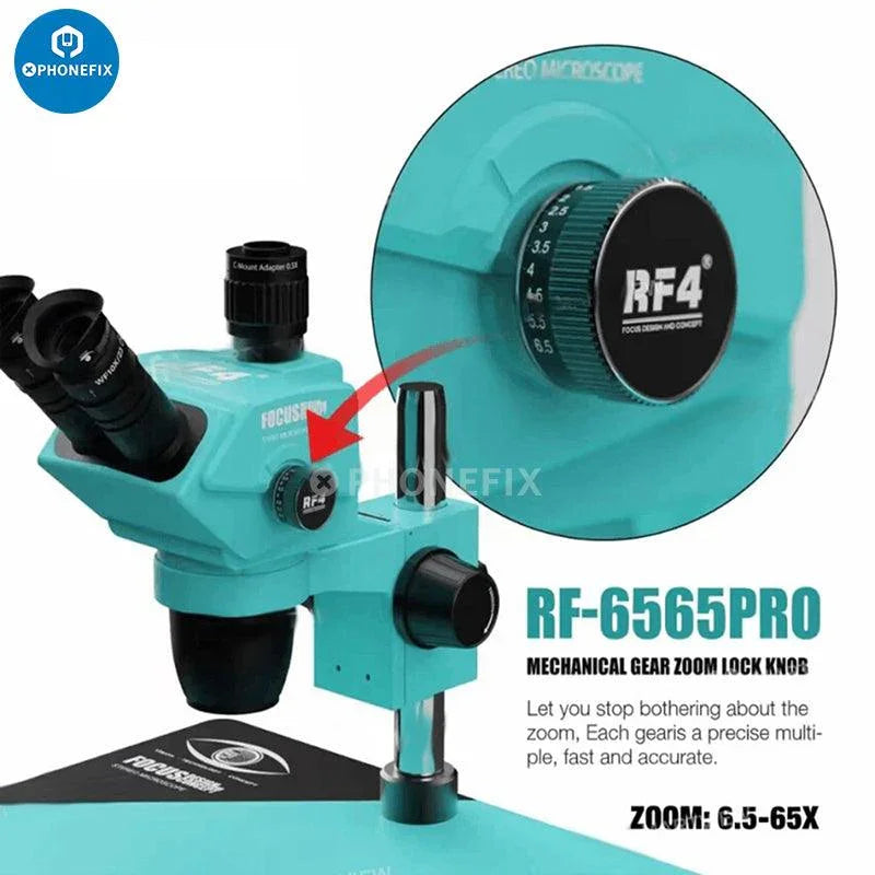 Phonefix RF4 RF6565Pro electric microscope with 6.5-65X triocular synchronous zoom for detailed microscopic viewing.