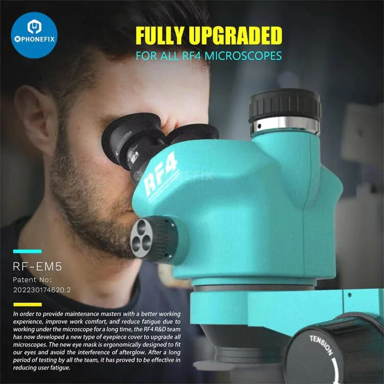 Phonefix RF4 RF6565Pro 6.5-65X triocular electric microscope with synchronous zoom, detailed view of the optical system.