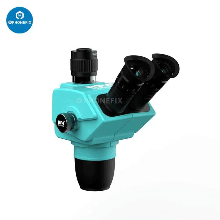 RF4 RF6565Pro electric microscope with 6.5-65X triocular synchronous zoom, featuring multiple objective lenses and focusing controls.