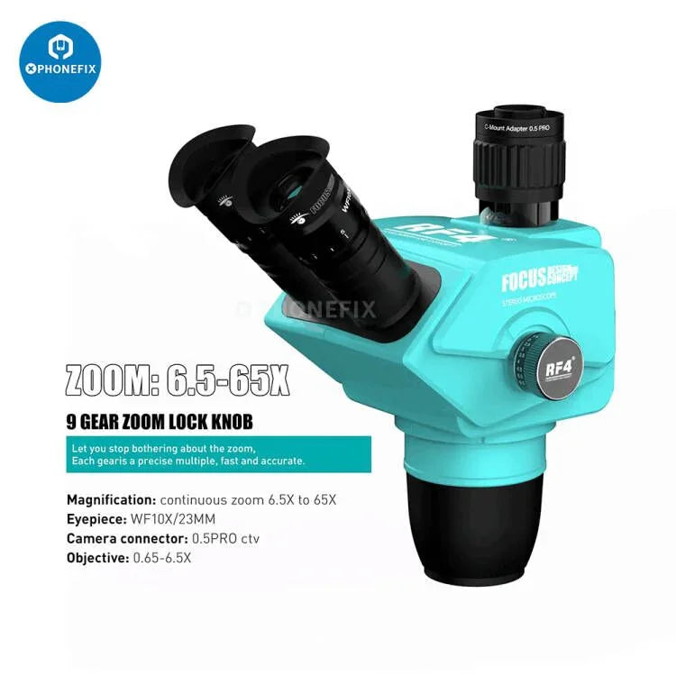 RF4 RF6565Pro electric microscope with 6.5-65X triocular synchronous zoom, featuring adjustable focus and illuminated viewing.