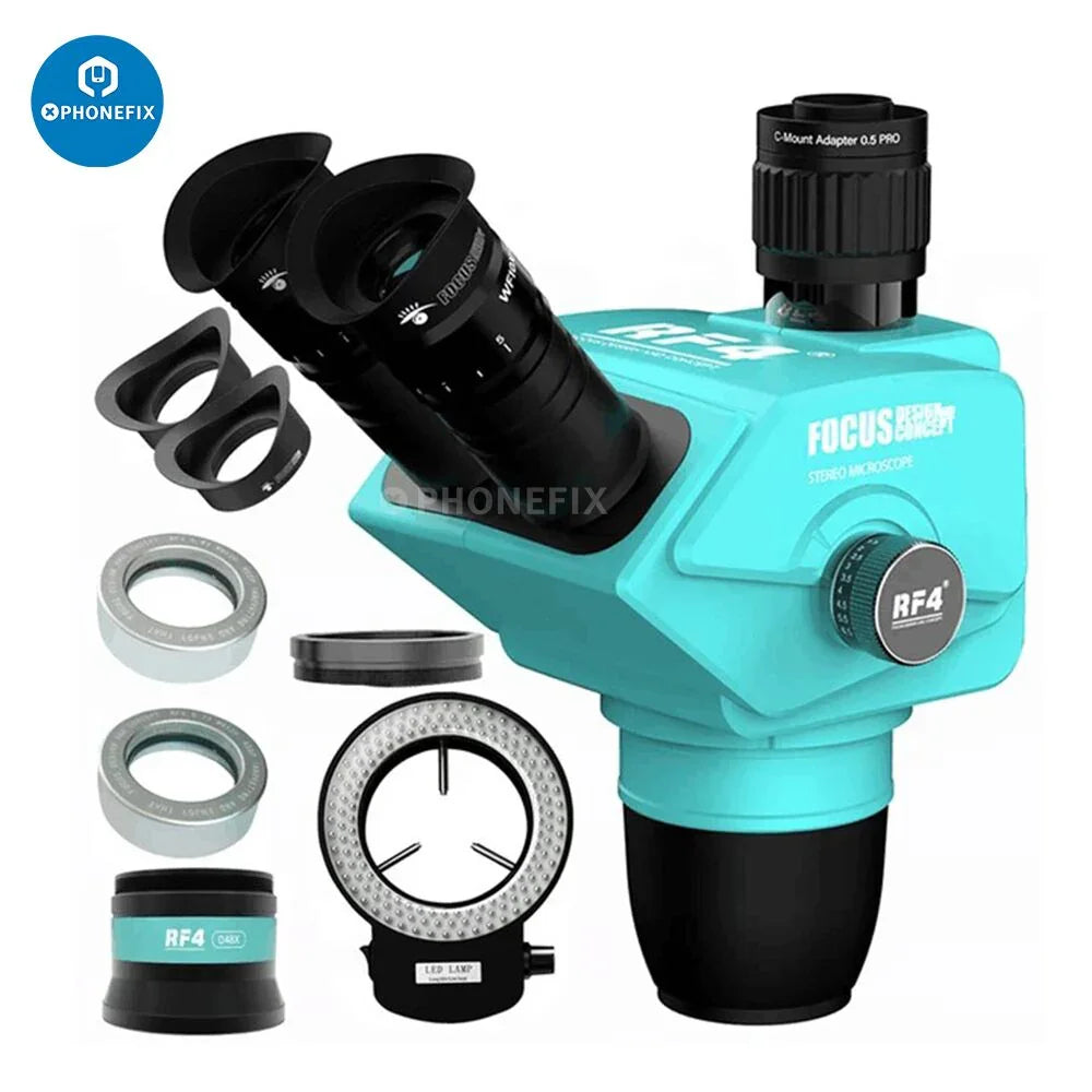 Phonefix RF4 RF6565Pro electric microscope with 6.5-65X triocular synchronous zoom, detailed close-up view of the device.