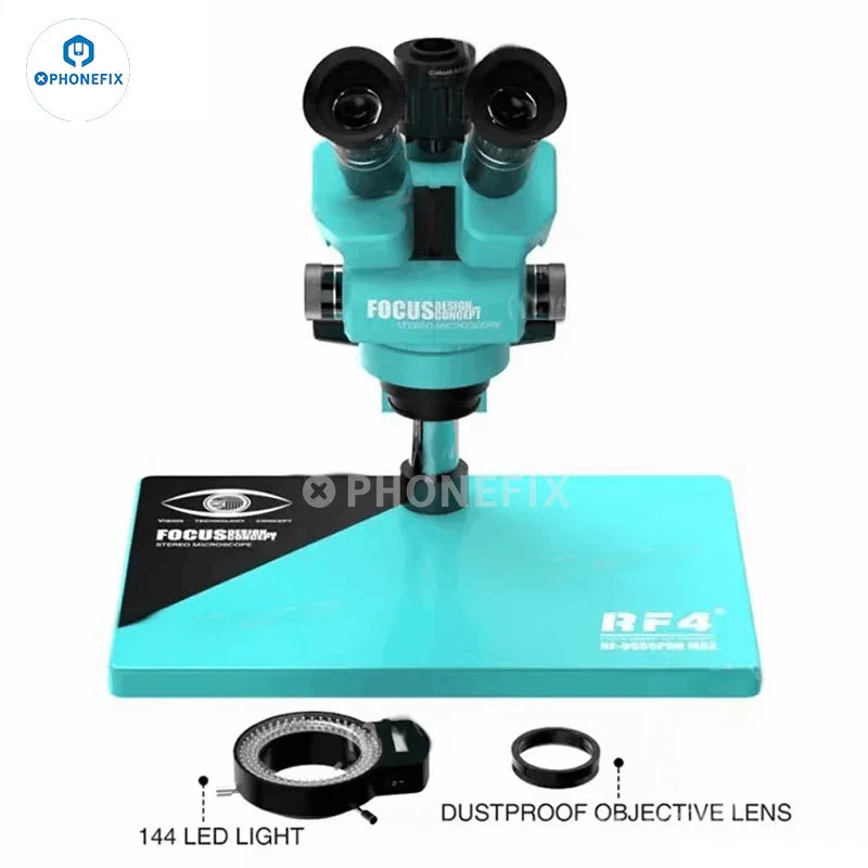 PHONEFIX RF4 RF6565Pro 6.5-65X triocular electric microscope with synchronous zoom and adjustable focus.