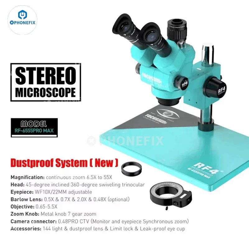 PHONEFIX RF4 RF6565Pro electric microscope with 6.5-65X triocular synchronous zoom, detailed view of the microscope's eyepieces and body.