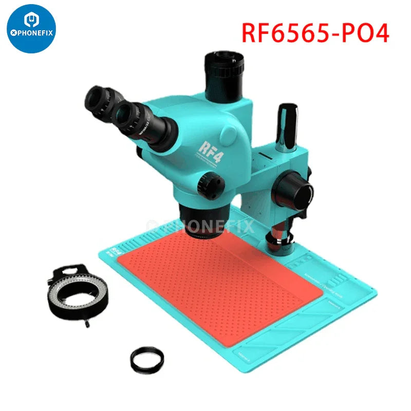 Microscope trinoculaire RF-6565 7050 avec caméra 4K Ultra HD et base PO4, utilisé pour des observations scientifiques et éducatives détaillées.