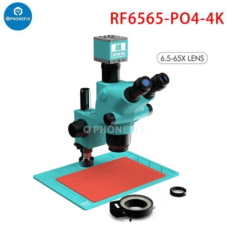 Microscope électrique trinoculaire RF-6565 7050 avec caméra 4K Ultra HD, doté d'une base robuste et de composants optiques détaillés.
