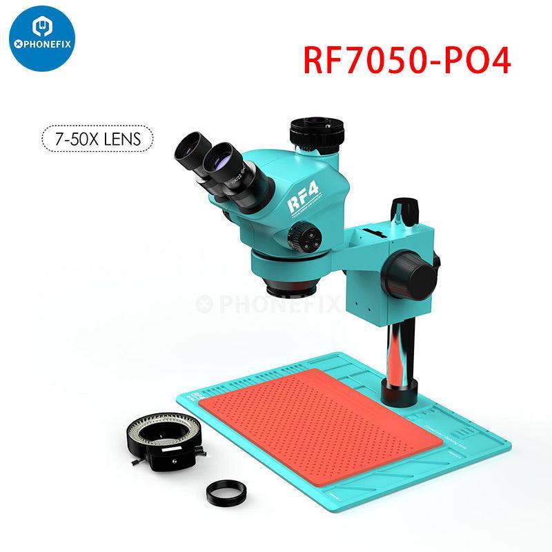 Microscope électrique trinoculaire RF-6565 7050 PhoneFix avec caméra 4K Ultra HD et base réglable montrant des composants optiques détaillés.