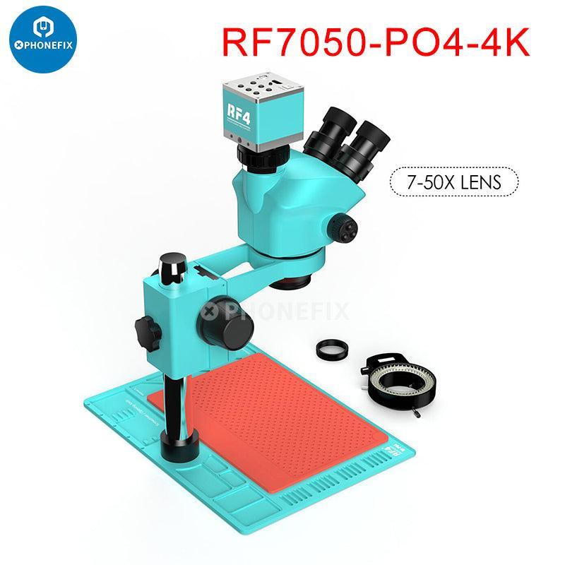 Microscope électrique trinoculaire RF-6565 7050 avec caméra 4K Ultra HD, doté d'une base robuste et d'une optique de visualisation détaillée.