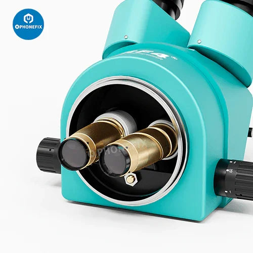 Tête de microscope stéréo zoom trinoculaire à focale simultanée RF4 avec lentille de Barlow de PHONEFIX, utilisée pour un grossissement détaillé en microscopie.