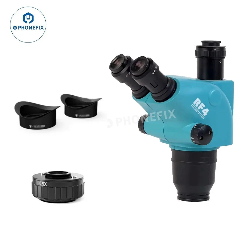 Tête de microscope stéréo zoom trinoculaire à focale simultanée RF4 avec lentille de Barlow, conçue pour les microscopes électriques, montre des composants optiques détaillés.