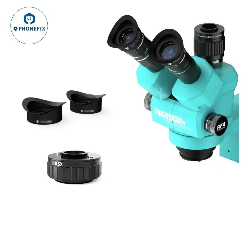 Tête de microscope stéréo zoom trinoculaire à focale simultanée RF4 avec lentille de Barlow, utilisée avec les microscopes électriques PHONEFIX pour une visualisation détaillée.