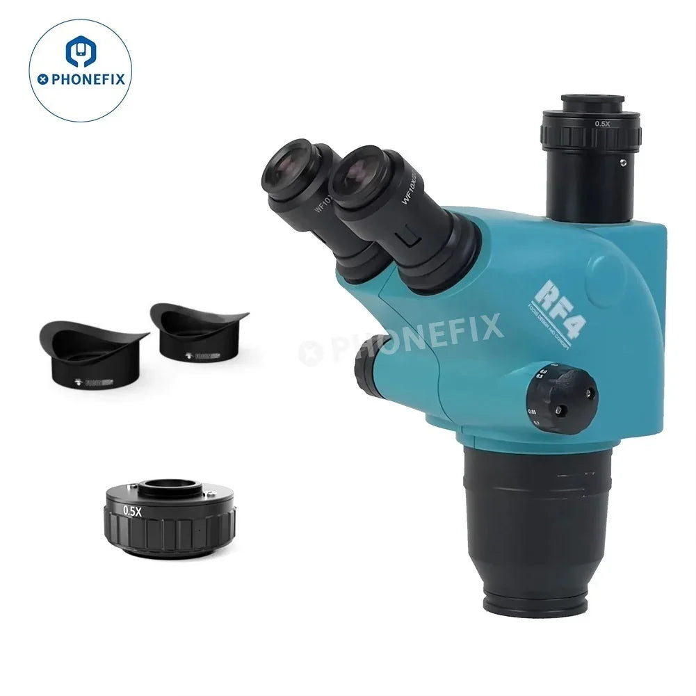 Tête de microscope stéréo zoom trinoculaire à focale simultanée RF4 avec lentille de Barlow pour microscopes électriques, dotée d'optiques et de ports de visualisation réglables.
