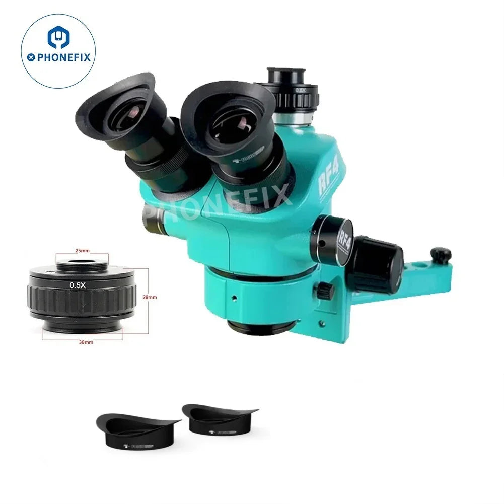 Tête de microscope stéréo zoom trinoculaire à focale simultanée RF4 avec lentille de Barlow, utilisée avec les microscopes électriques pour l'imagerie détaillée.